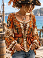 Women's Vintage-Style Pirate Art Print Casual Top