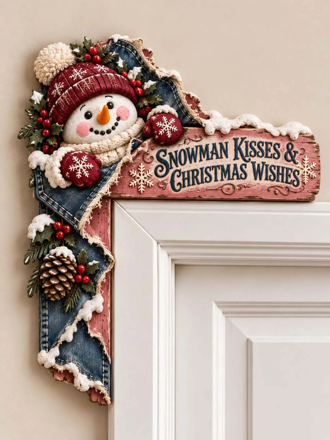 🎄 "Snowman Kisses & Christmas Wishes" Denim Patch Holiday Door Corner Decor