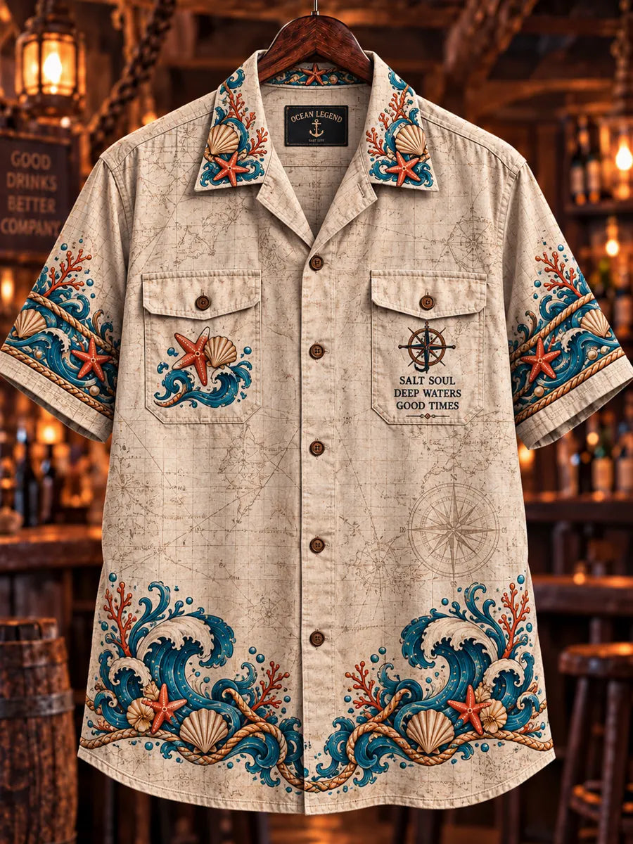 Men’s Vintage  "MONSTERS BELOW, BAR AHEAD, SUNSET BEYOND " Old Salt Printed Short Sleeve Shirt