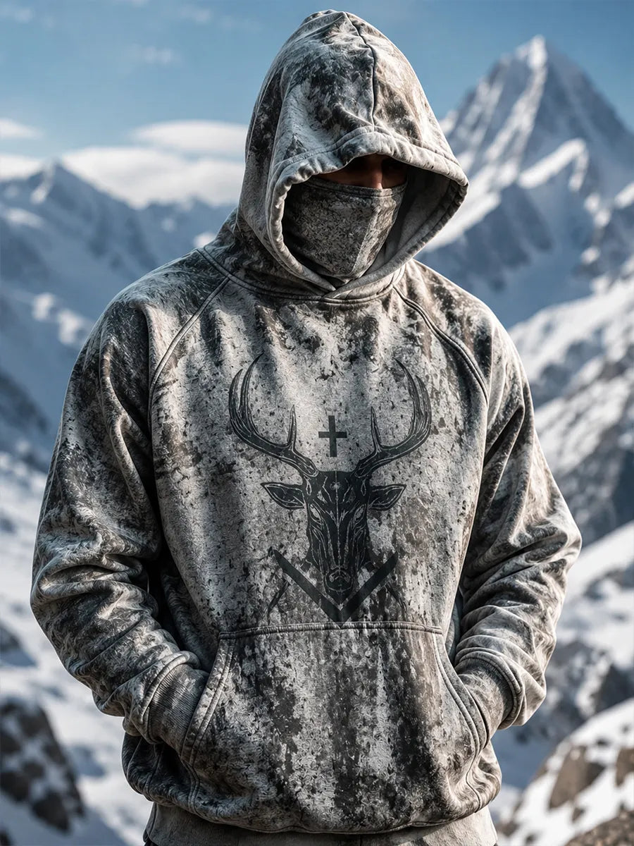 Men's Wilderness Hunting Camouflage Print Thermal Base Layer Hoodie with Built-in Gaiter