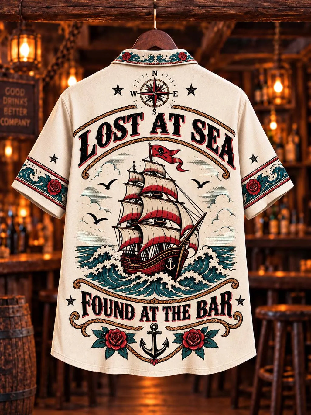 ⚓ Lost At Sea Found At The Bar Vintage Nautical Ship Graphic Hawaiian Shirt