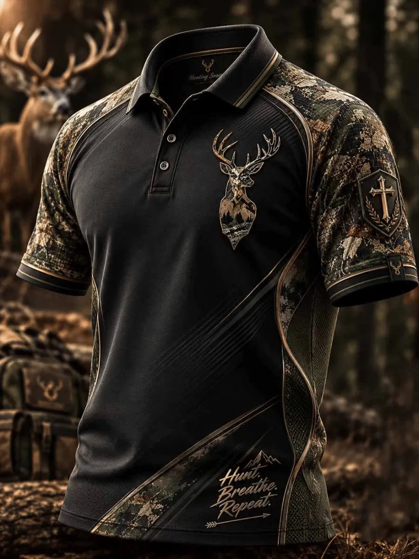 Men's Vintage Traditional Reindeer Pattern Printed Polo Shirt