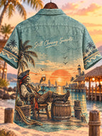 Tropical Island Sunset Pirate Skeleton Vacation Men’s Short Sleeve Shirt