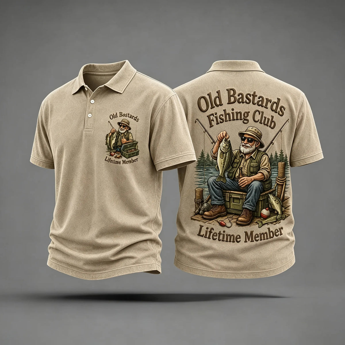Men's Funny Old Bastards Fishing Club Lifetime Member Print Casual Polo Shirt
