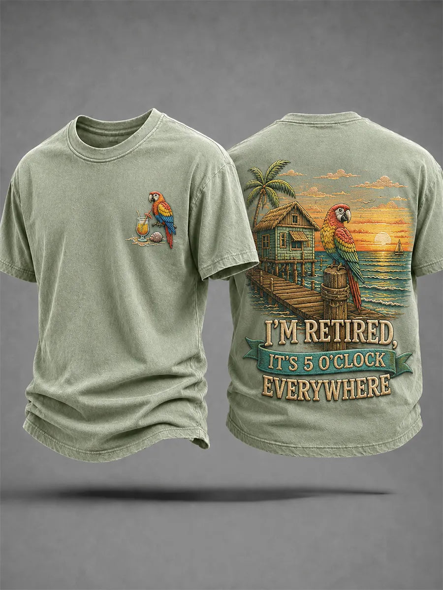 Men's I'm Retired It's 5 O'clock Everywhere Parrot Print Casual Tee