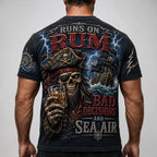 Men’s Runs on Rum Bad Decisions and Sea Air Pirate Skeleton Graphic T-Shirt