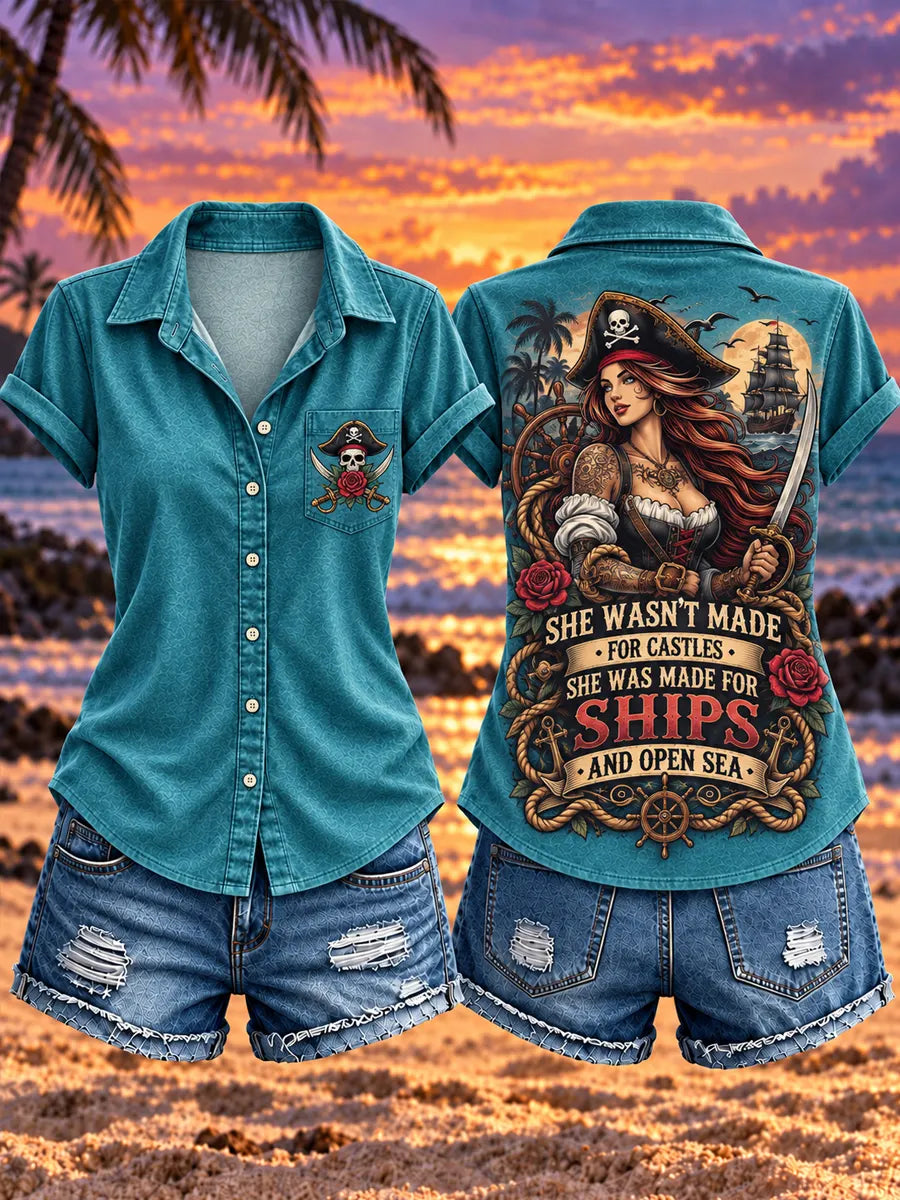 Women's "SHE WASN'T MADE FOR CASTLES · SHE WAS MADE FOR SHIPS · AND OPEN SEAS" Pirate Short-Sleeved Shirt