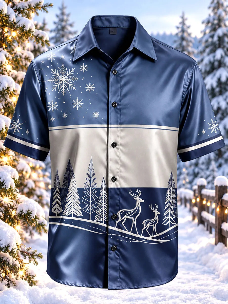 Men’s Christmas Woodland Deer & Snowflake Print Short-Sleeve Shirt
