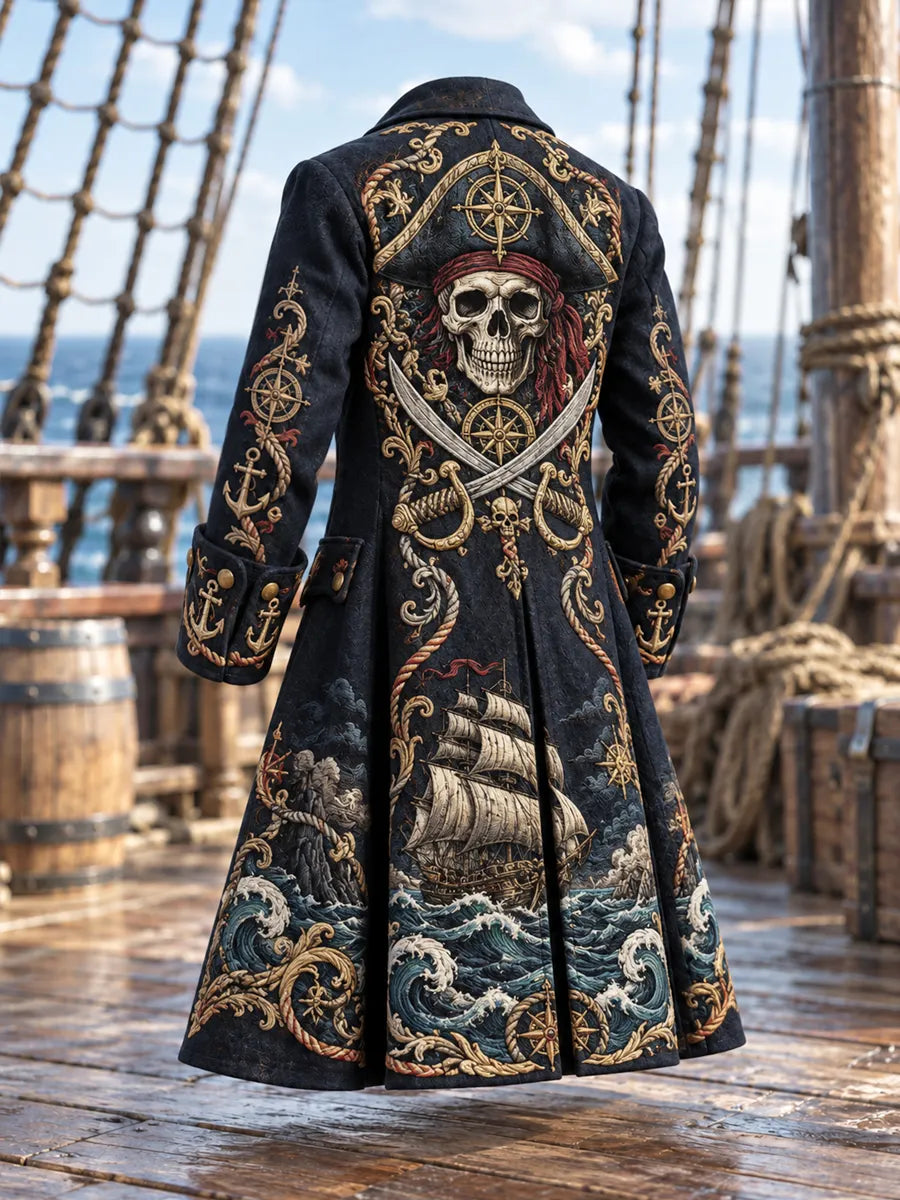 Men's Vintage Pirate Skull Art Print Coat