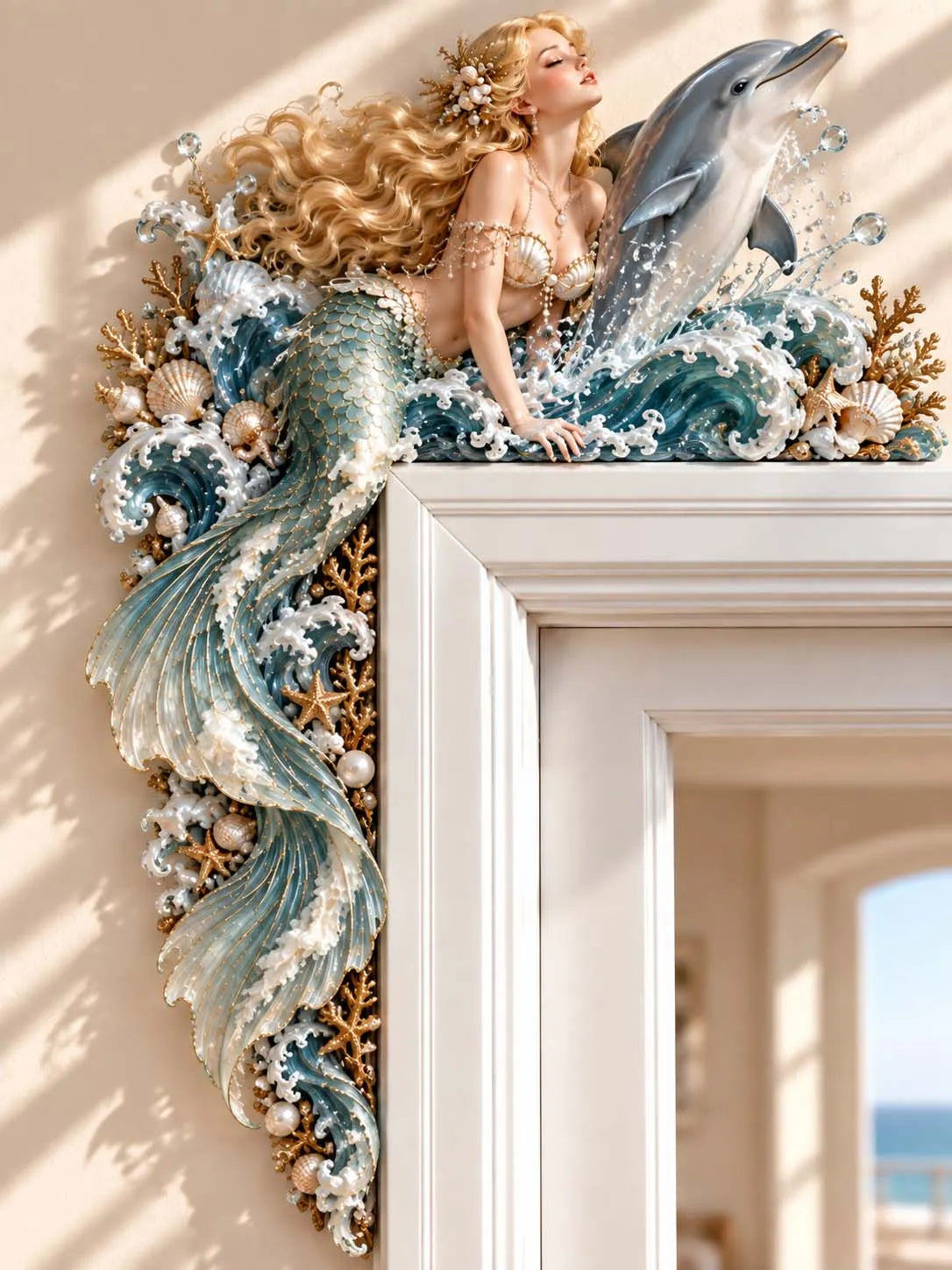 🐬 Blonde Mermaid With Friendly Dolphin And Sea Waves Corner Sculpture