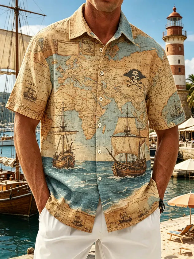Linen-Texture Vintage Map & Pirate Ship Chest Pocket Holiday Hawaiian Shirt