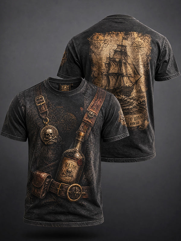 Men's Vintage Pirate Rum Bottle Belt Print T-Shirt