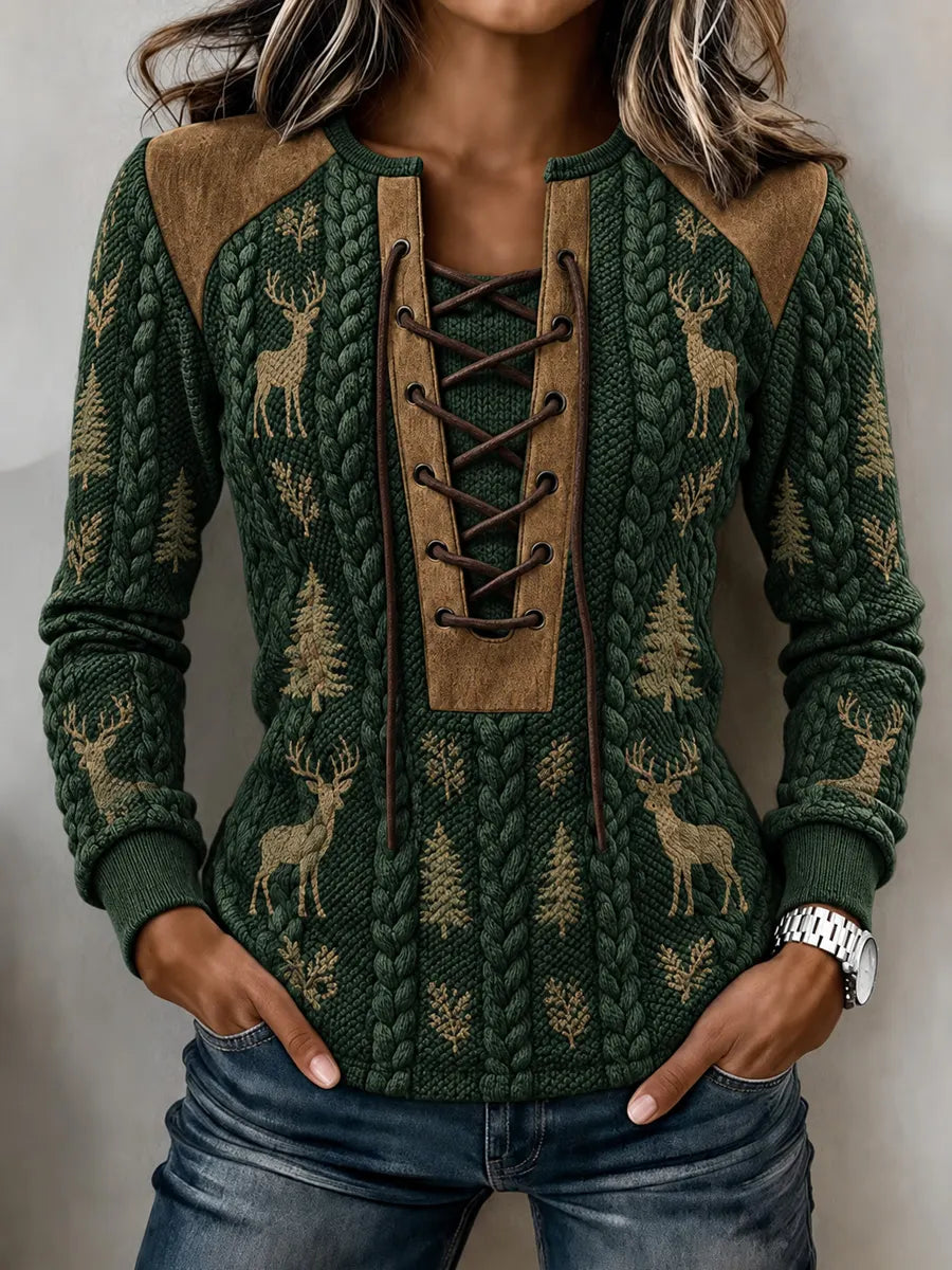 Women's Vintage Retro Hunting Culture Print Stitch-Detail Sweatshirt