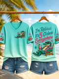 Women's I'm Retired It's 5 O'clock Everywhere Crocodile Print Casual V-Neck Tee
