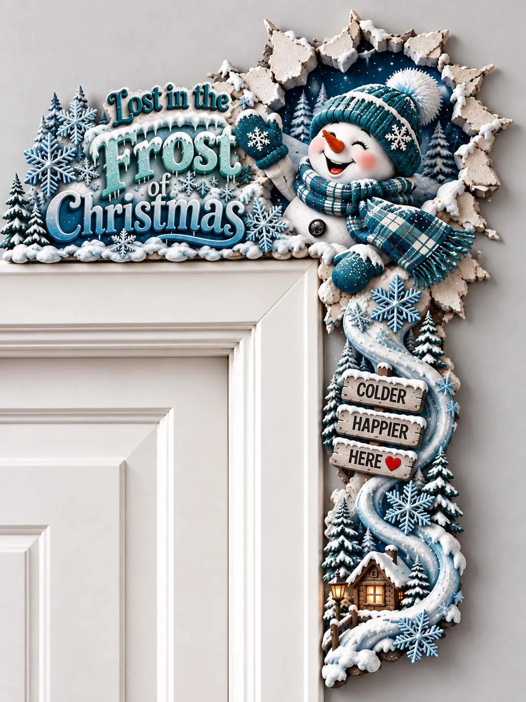❄️ "Lost in the Frost of Christmas - Snowman with Blue Scarf" Holiday Door Corner Frame