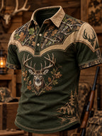 Men's Retro Hunting Culture Print Casual Short Sleeve Polo Shirt