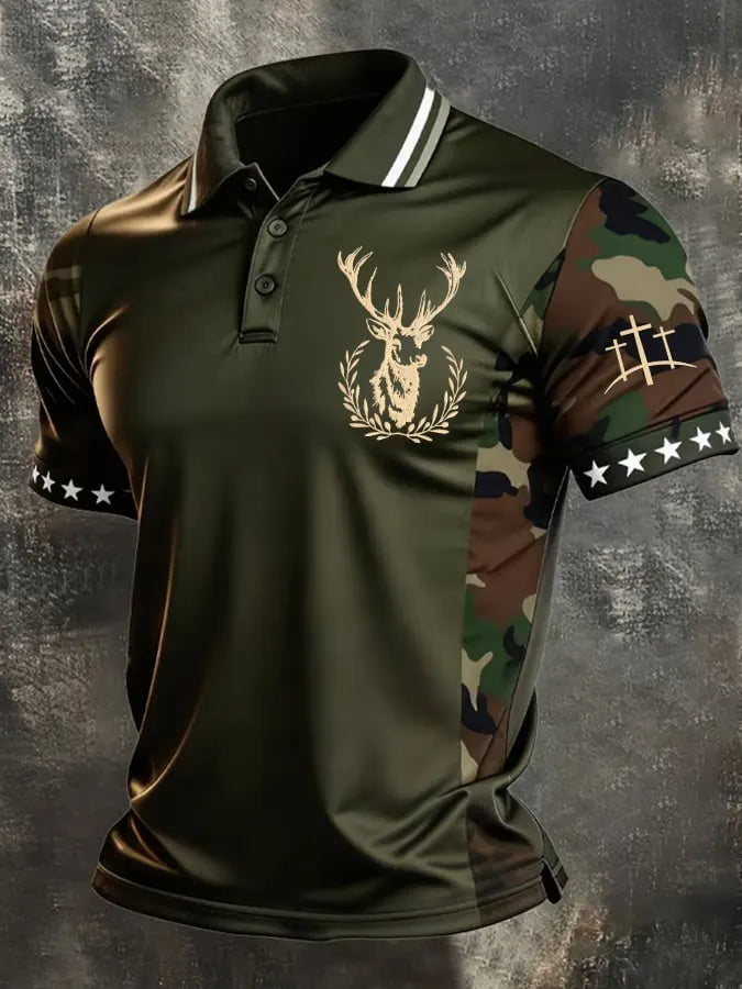 Men's Vintage Traditional Reindeer Pattern Western Print Casual Polo Shirt