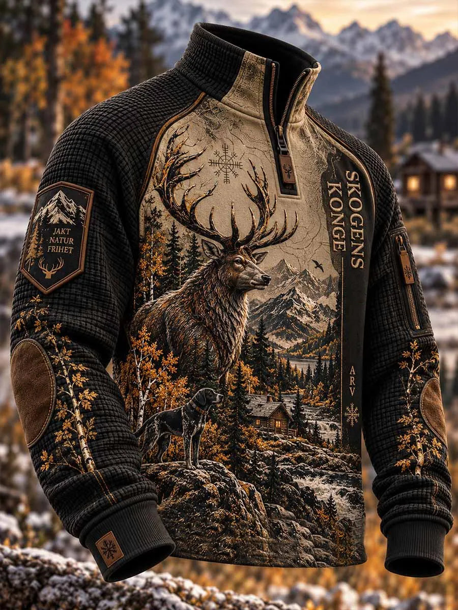 Men's Hunting Season Skogens Konge Stag Hound Mountain Cabin Print Raglan Long Sleeve Sweatshirt
