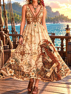 Women's Vintage Treasure Map & Pirate Skeleton Print V-Neck Flared Dress