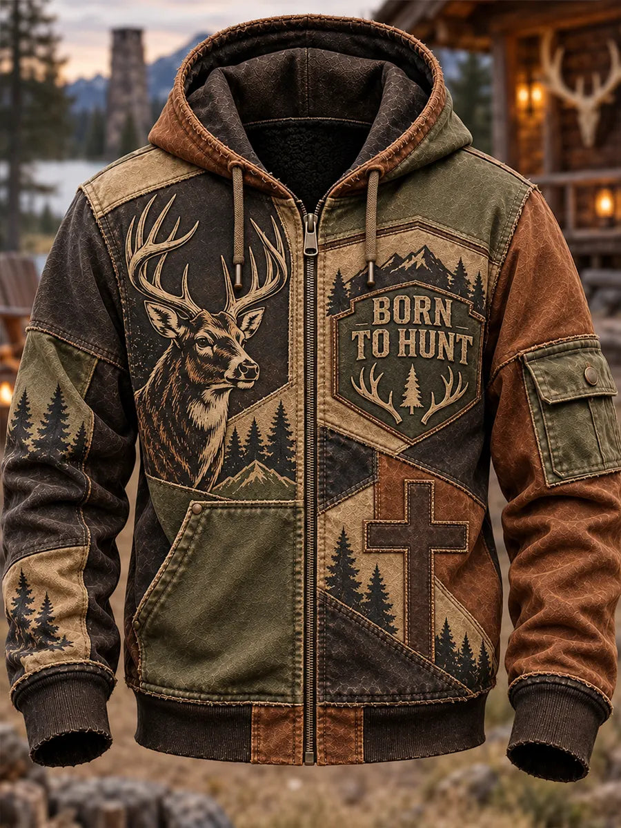 Men's Retro Hunting Culture Print Casual Full-Zip Hoodie