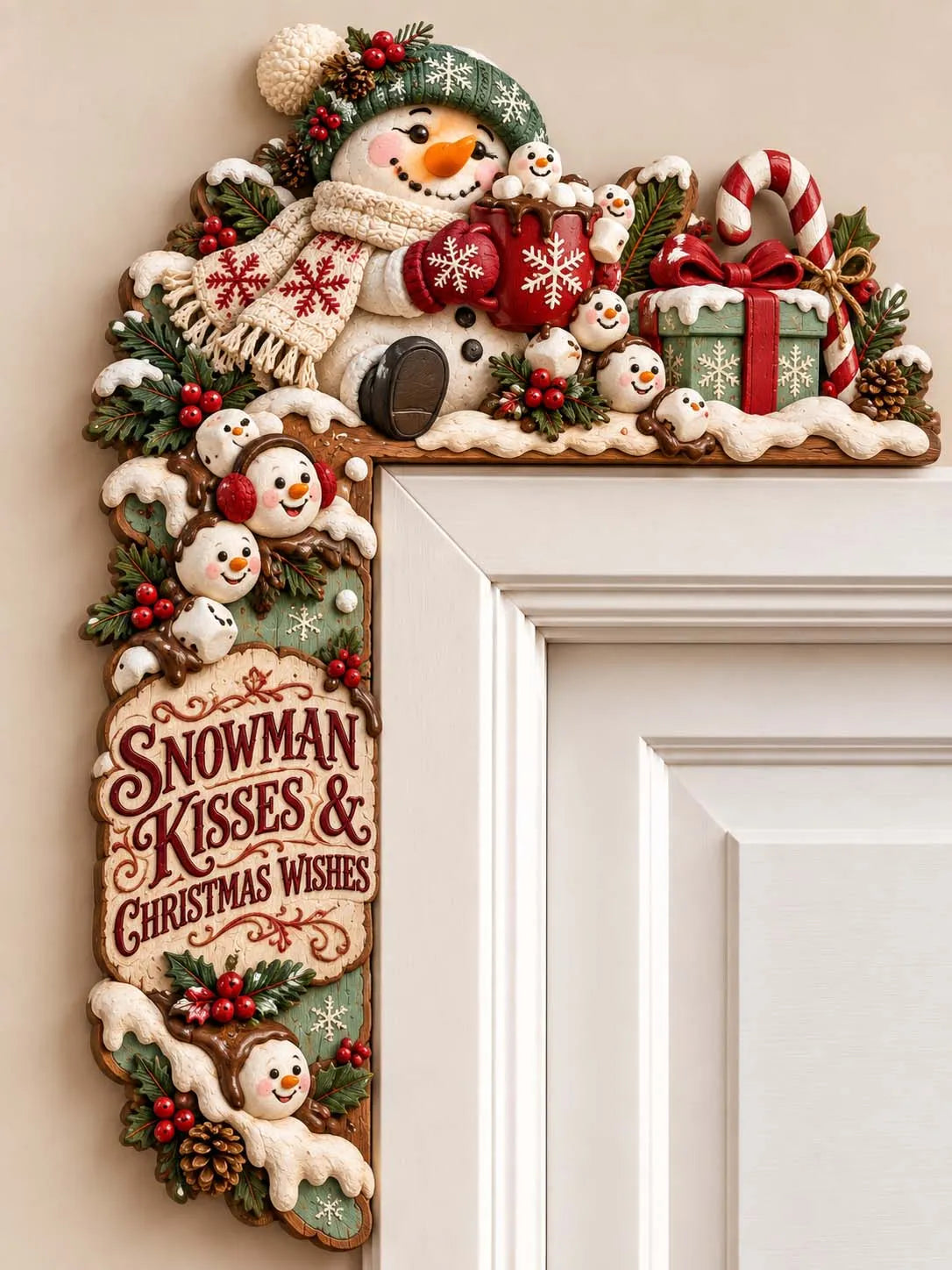 ⛄ "Snowman Kisses & Christmas Wishes" Green Hat Snowman with Hot Cocoa Door Corner Frame Decor