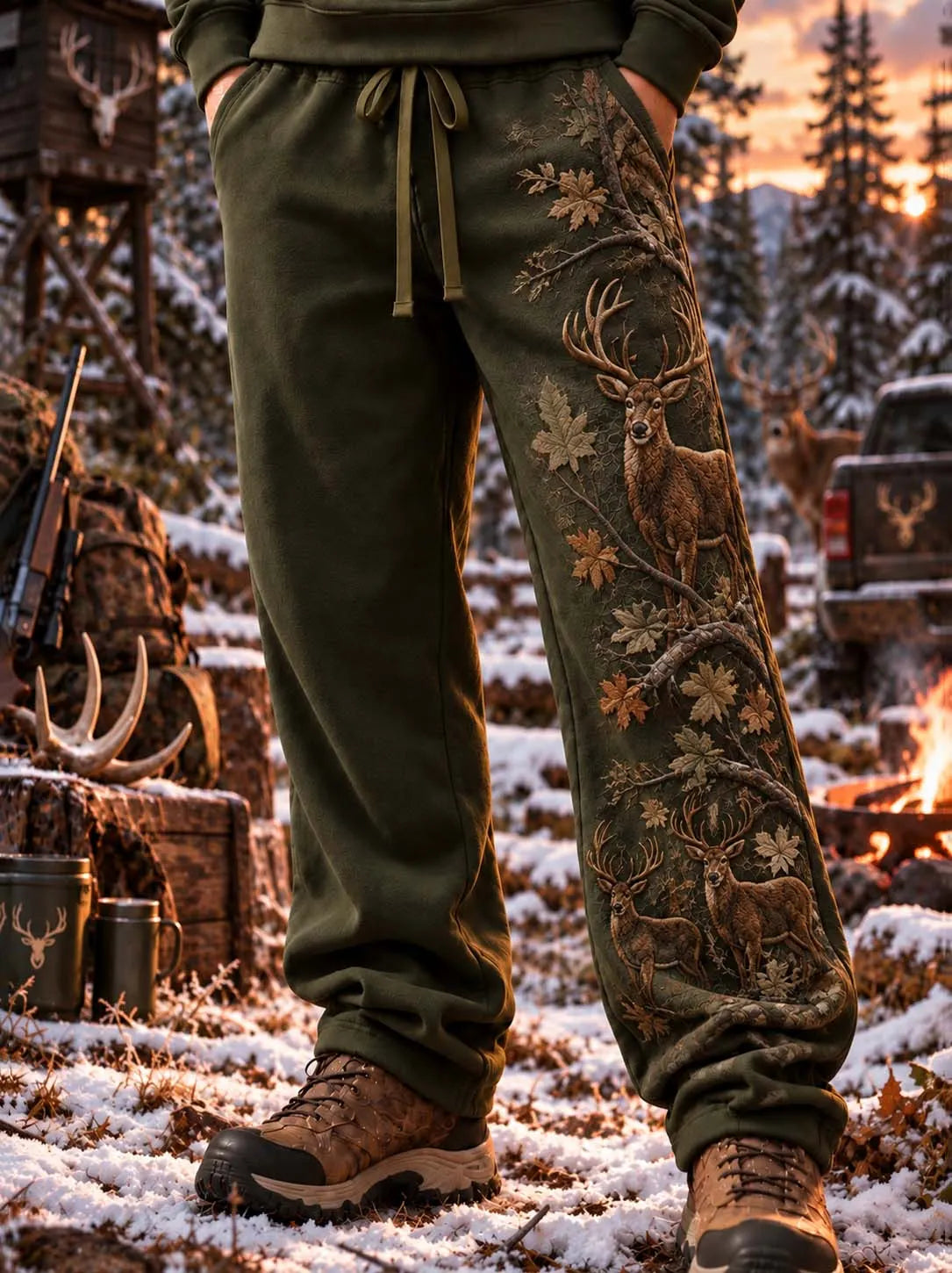 🦌 Men's Olive Green Camo Whitetail Deer Embroidery Sweatpants