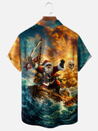 Moisture-Wicking Christmas in July Pirate Santa Chest Pocket Hawaiian Shirt