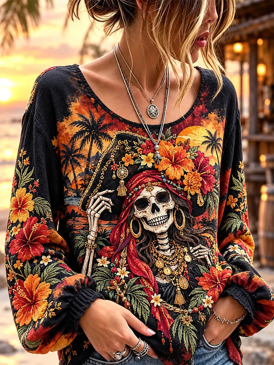 Tropical Floral Pirate Skeleton Long Sleeve Top