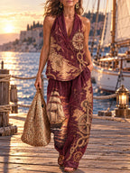 Women’s Vintage Nautical Map & Compass Print Halter Top & Wide-Leg Pants Set