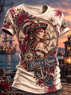 Vintage Compass Rose Pirate Woman Graphic T-Shirt