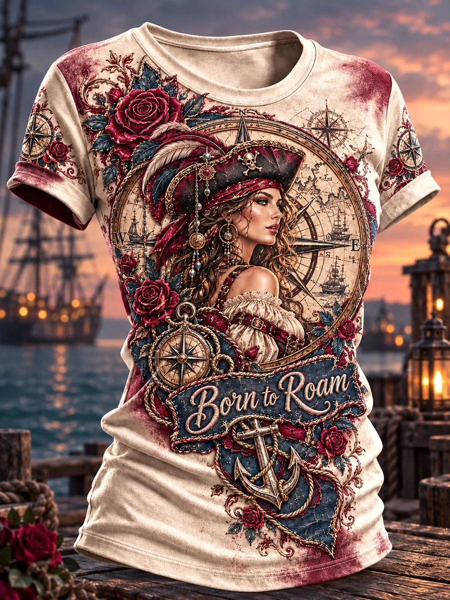Vintage Compass Rose Pirate Woman Graphic T-Shirt