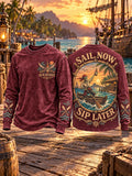 Men’s Pirate Skeleton, Rowboat & Rum Print Long-Sleeve Crewneck T-Shirt