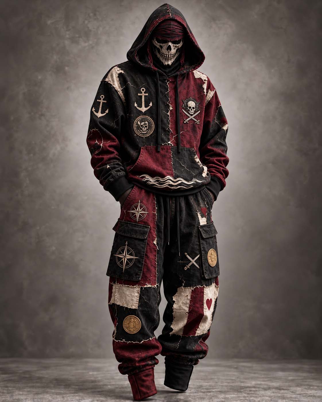 ⚓ Retro Patchwork Skull & Nautical Anchor Pirate Hoodie Tracksuit