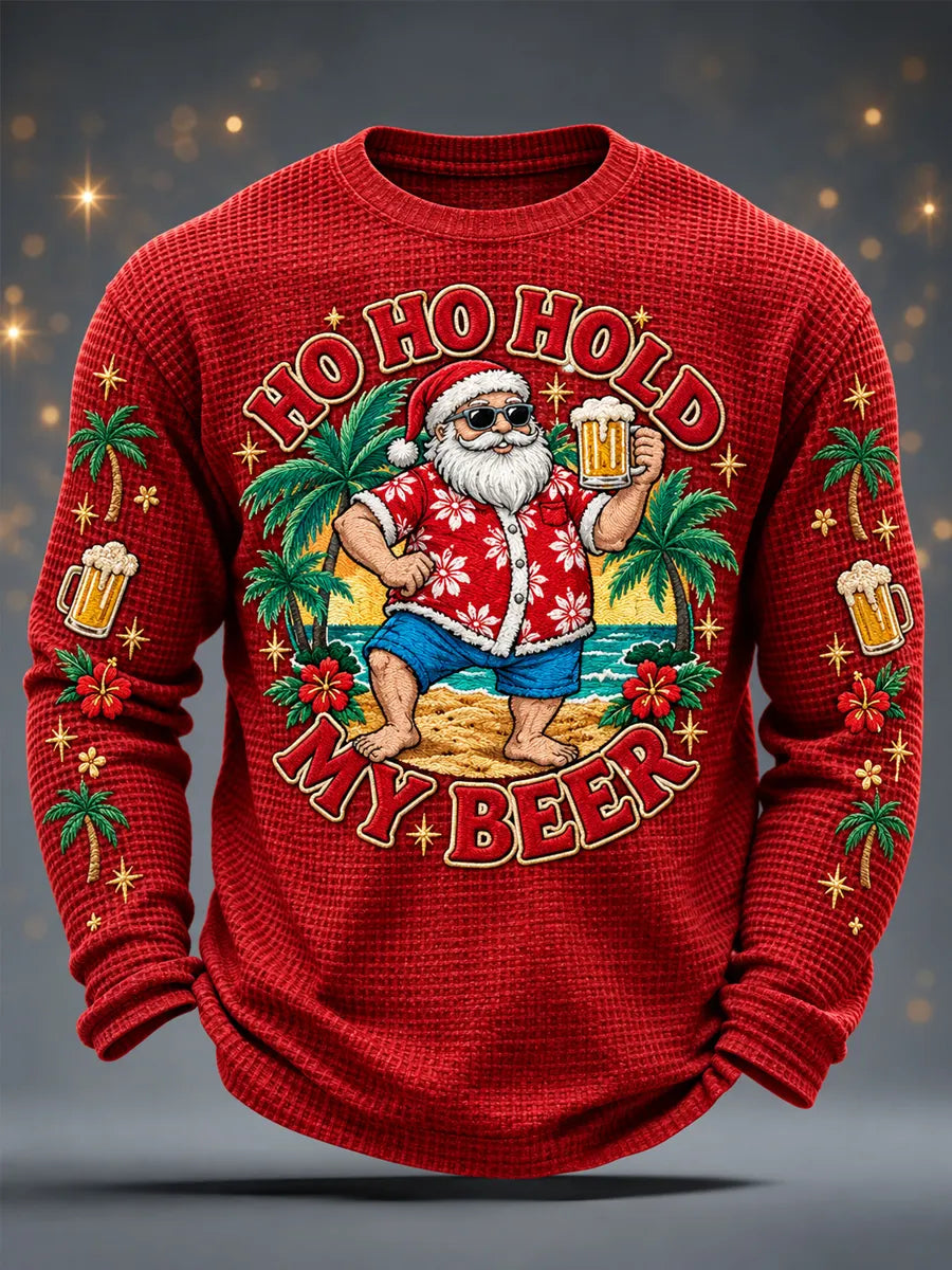 Men's Funny Christmas Ho Ho Hold My Beer Santa Claus Print Casual Waffle Long Sleeve T-Shirt