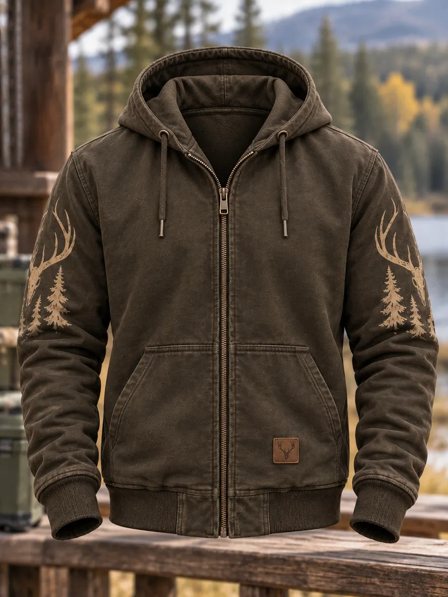Men's Retro Hunting Culture Print Casual Full-Zip Hoodie