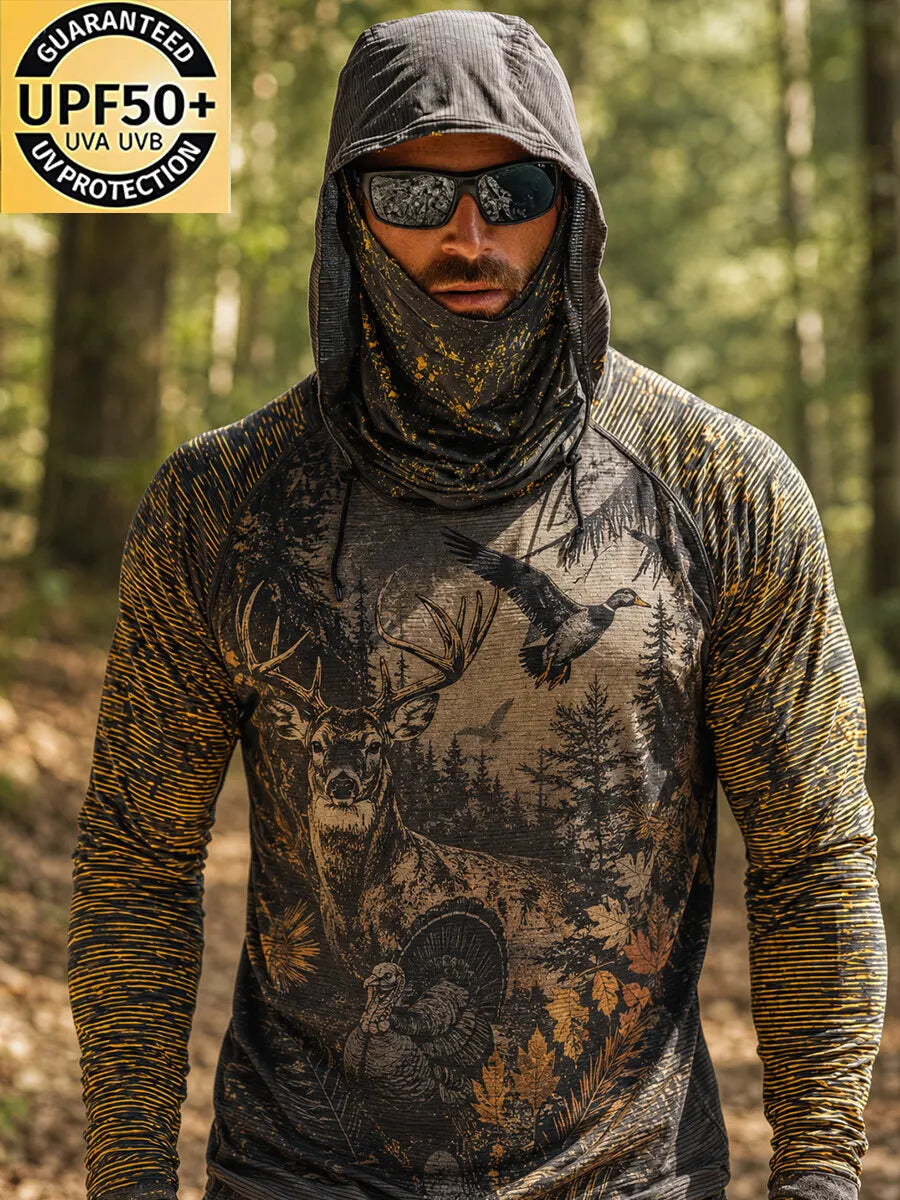 Men's Raglan Sleeve Finger Gloves Face Mask Vintage Hunting Buck Wildlife Wilderness Print Sun Protection Clothing
