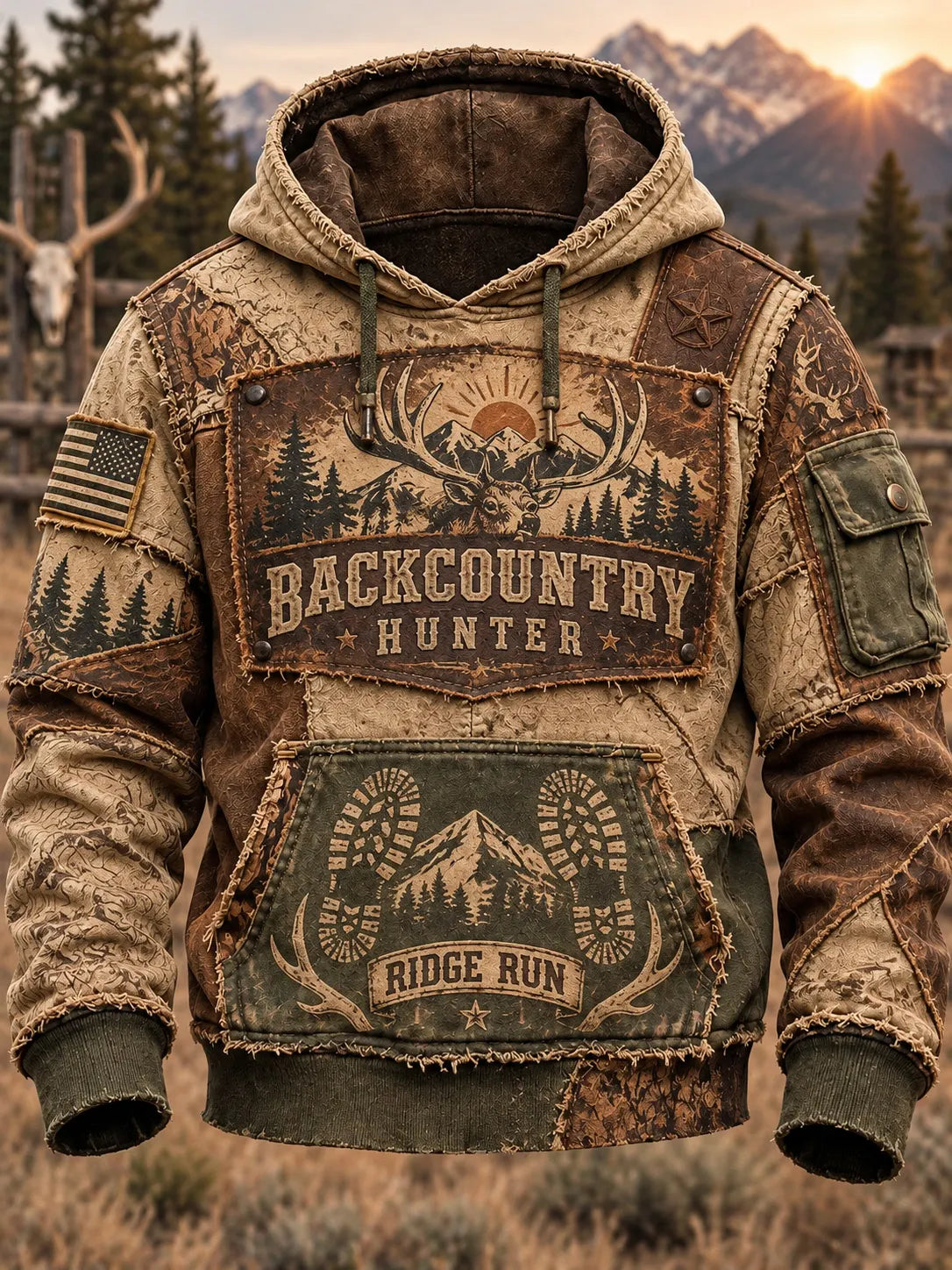 Men's Retro Hunting Culture Print Casual Hoodie