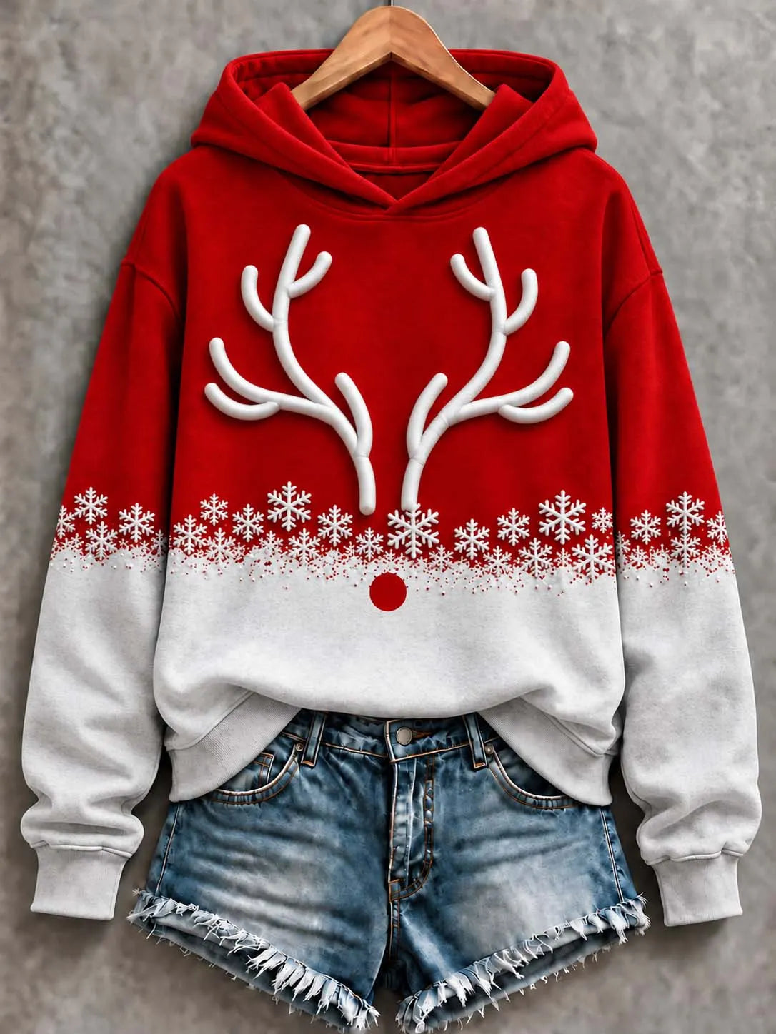 🦌 Reindeer Antlers & Snowflakes Red & White Gradient Christmas Hoodie