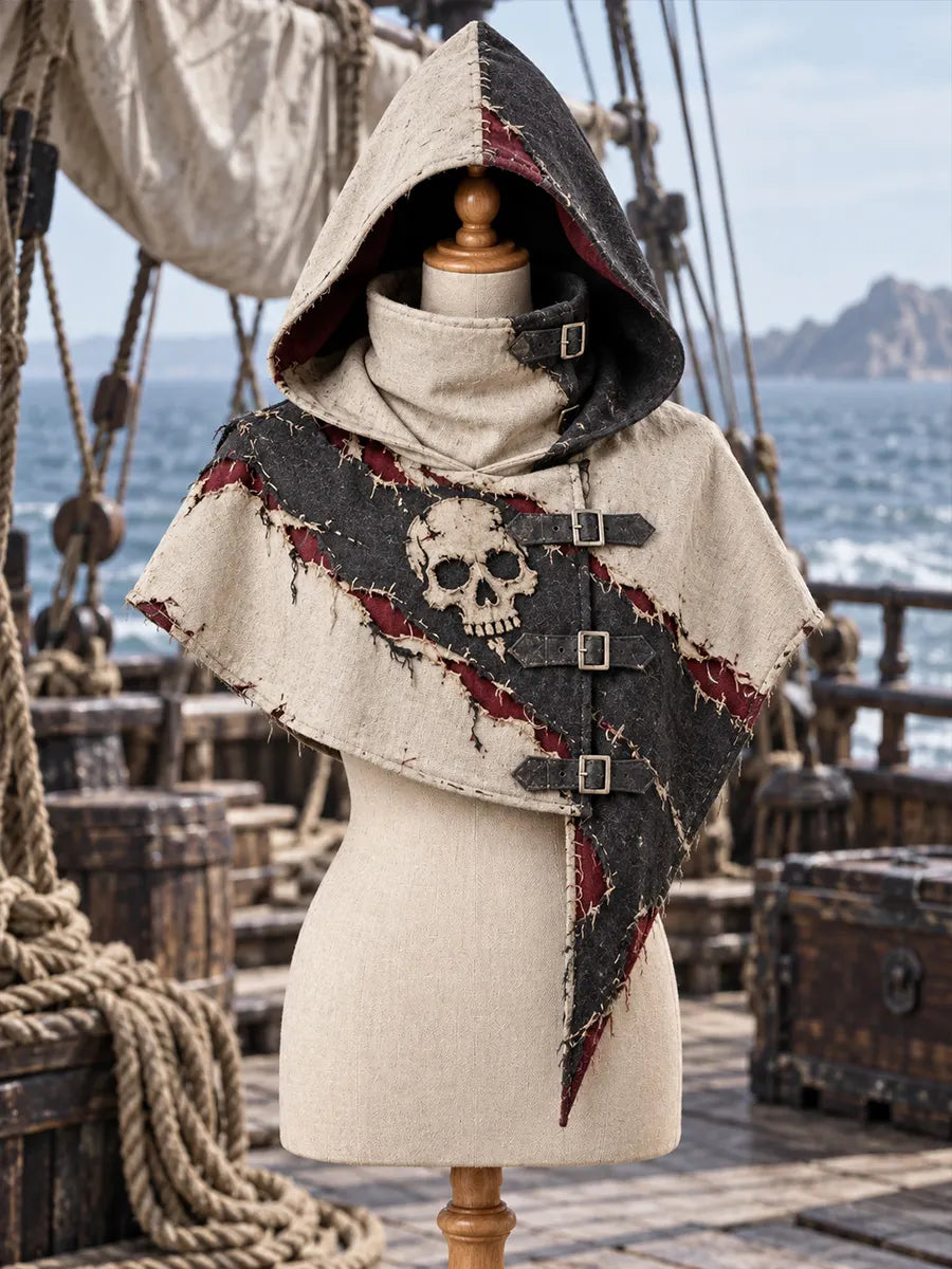 💀 Cursed Pirate Wanderer Hooded Cape – Distressed Skull Patchwork Gothic Buccaneer Cloak