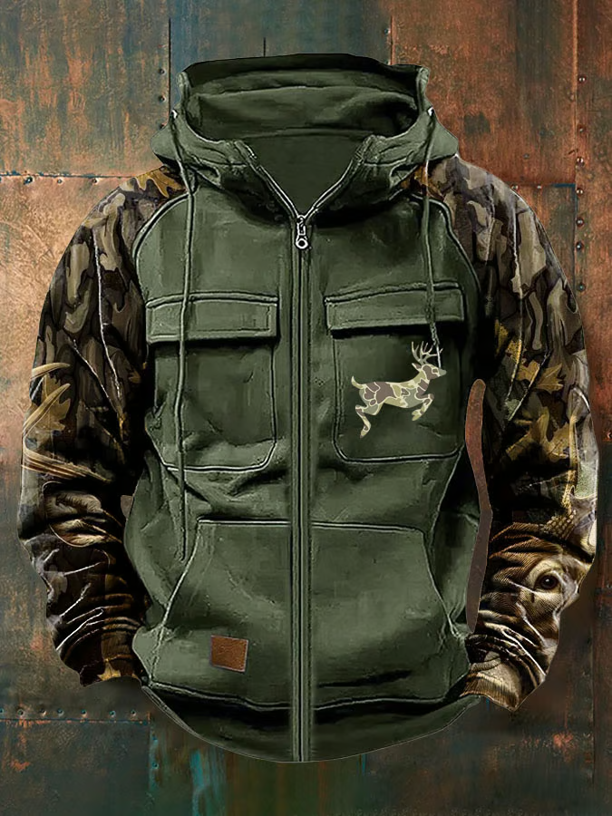 Men's Vintage Western Deer Print Multi-Pocket Jacket