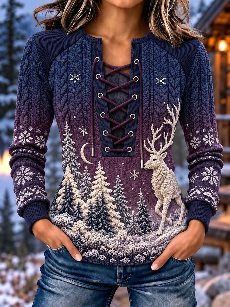 Women's Winter Deer Forest Print Stitch Detail Lace-Up Sweatshirt