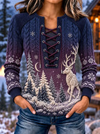 Women's Winter Deer Forest Print Stitch Detail Lace-Up Sweatshirt