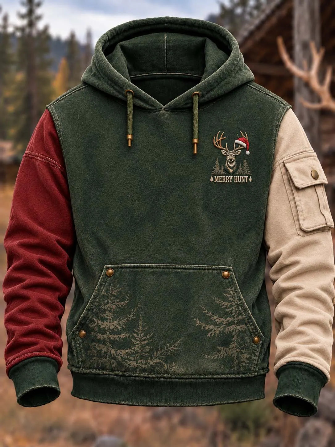 🌲 Color Block Vintage Green "Merry Hunt" Deer Pocket Hoodie