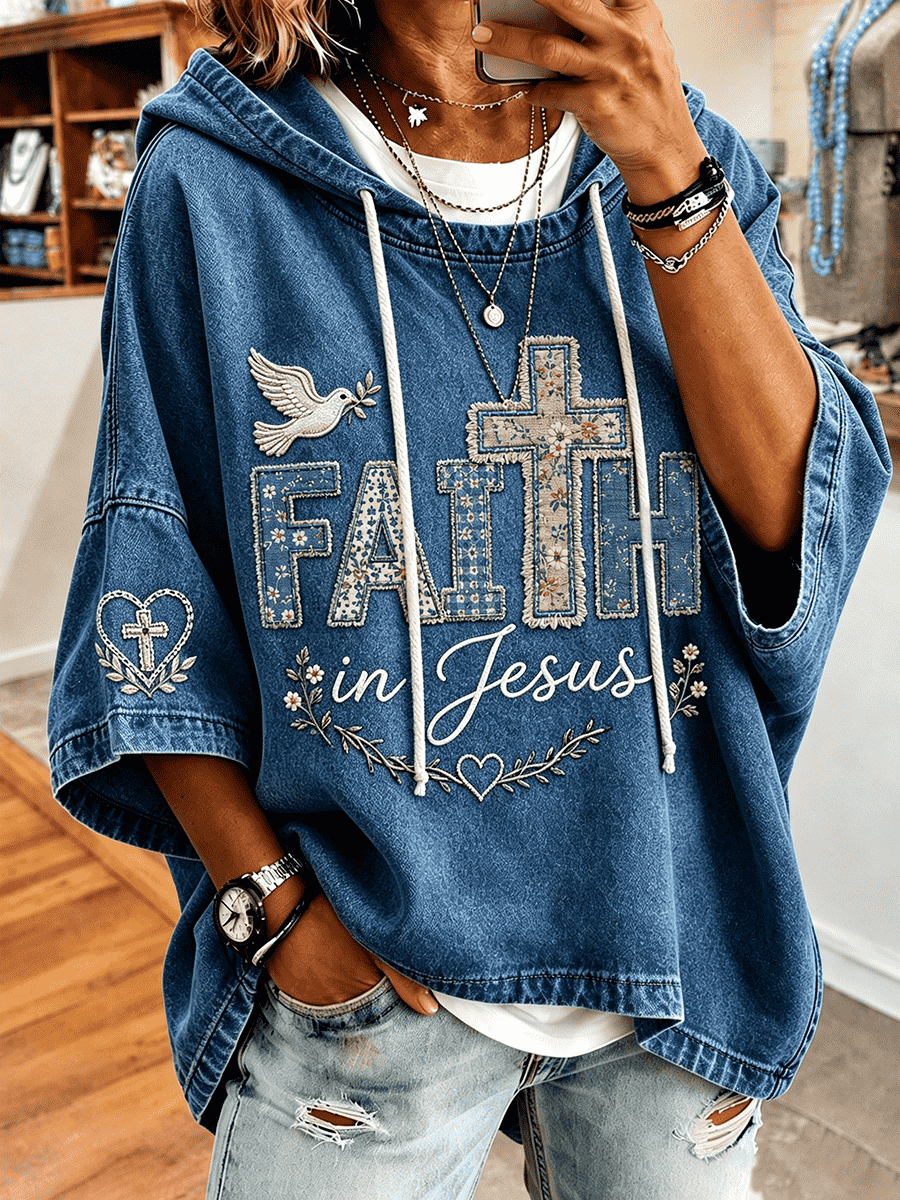 Women's Faith In Jesus Floral Patch Letter Dove Heart Cross Sleeve Embroidery Hoodie