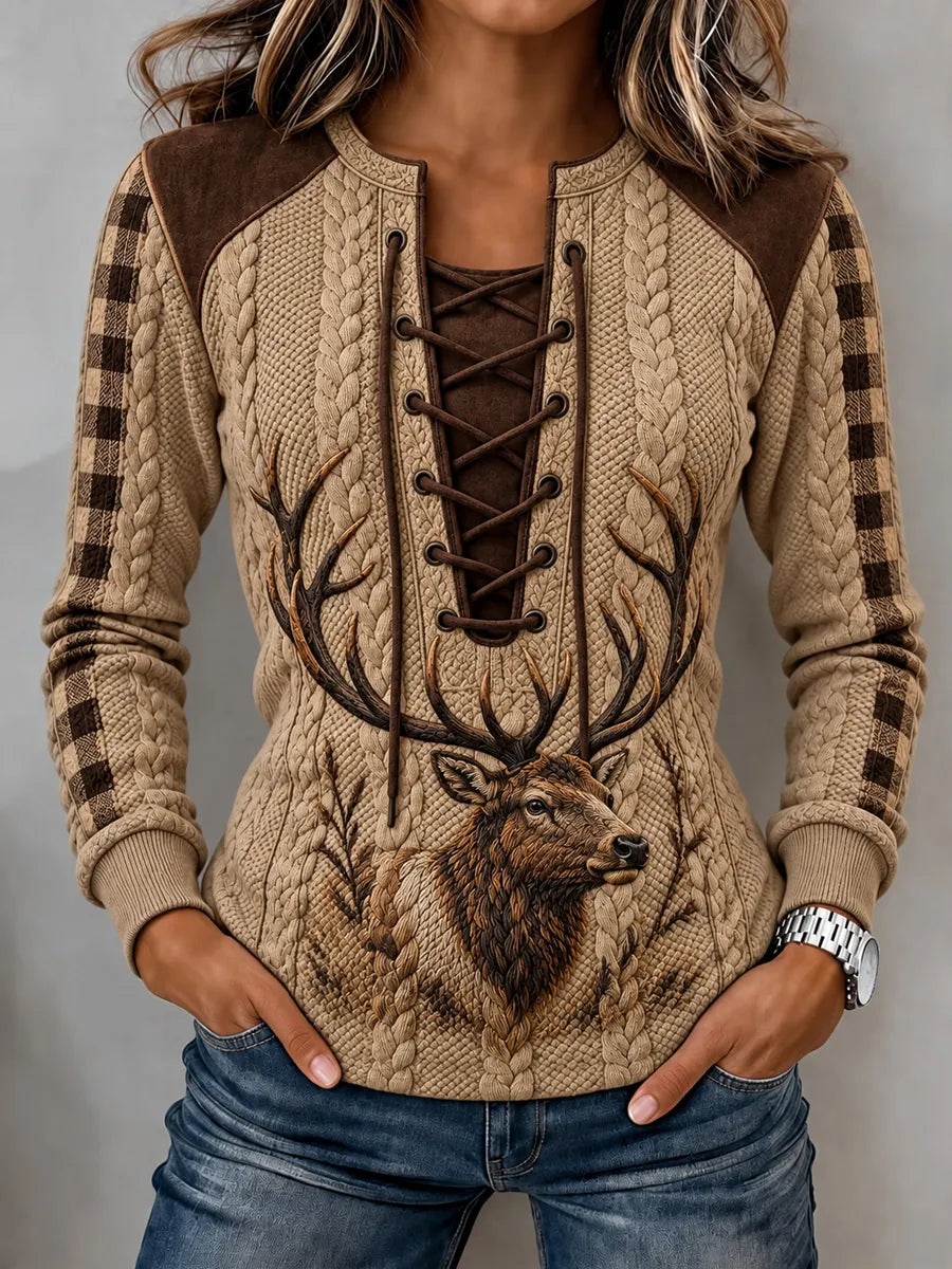 Women's Vintage Retro Hunting Culture Print Stitch-Detail Sweatshirt