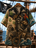 Men's Retro Ocean Skeleton Pirates Plants Parrots Dark Art Print Short Sleeve Shirt