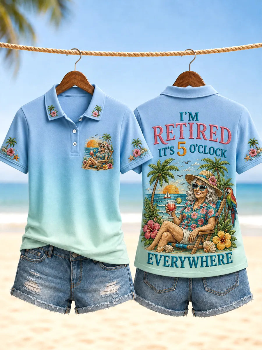 Women's I'm Retired It's 5 O'clock Everywhere Parrot Print Casual Polo Shirt