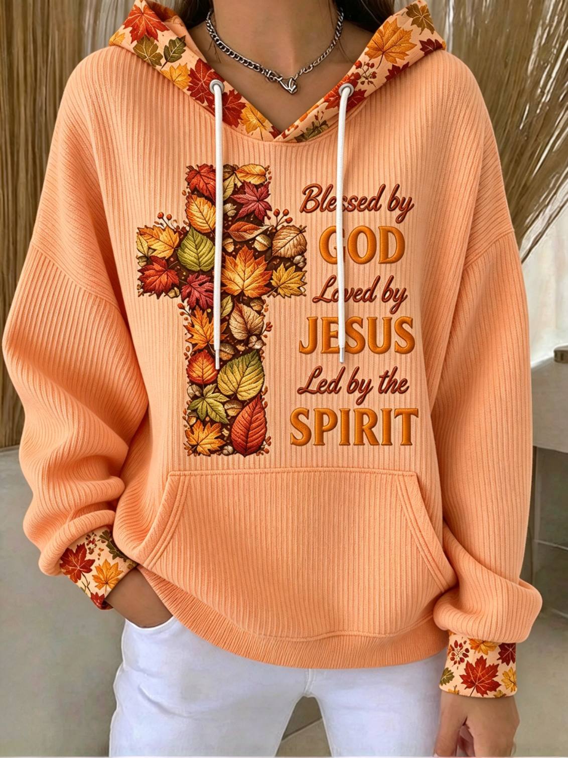 Women's Blessed By God Fall Maple Leaf Cross Print Hoodie