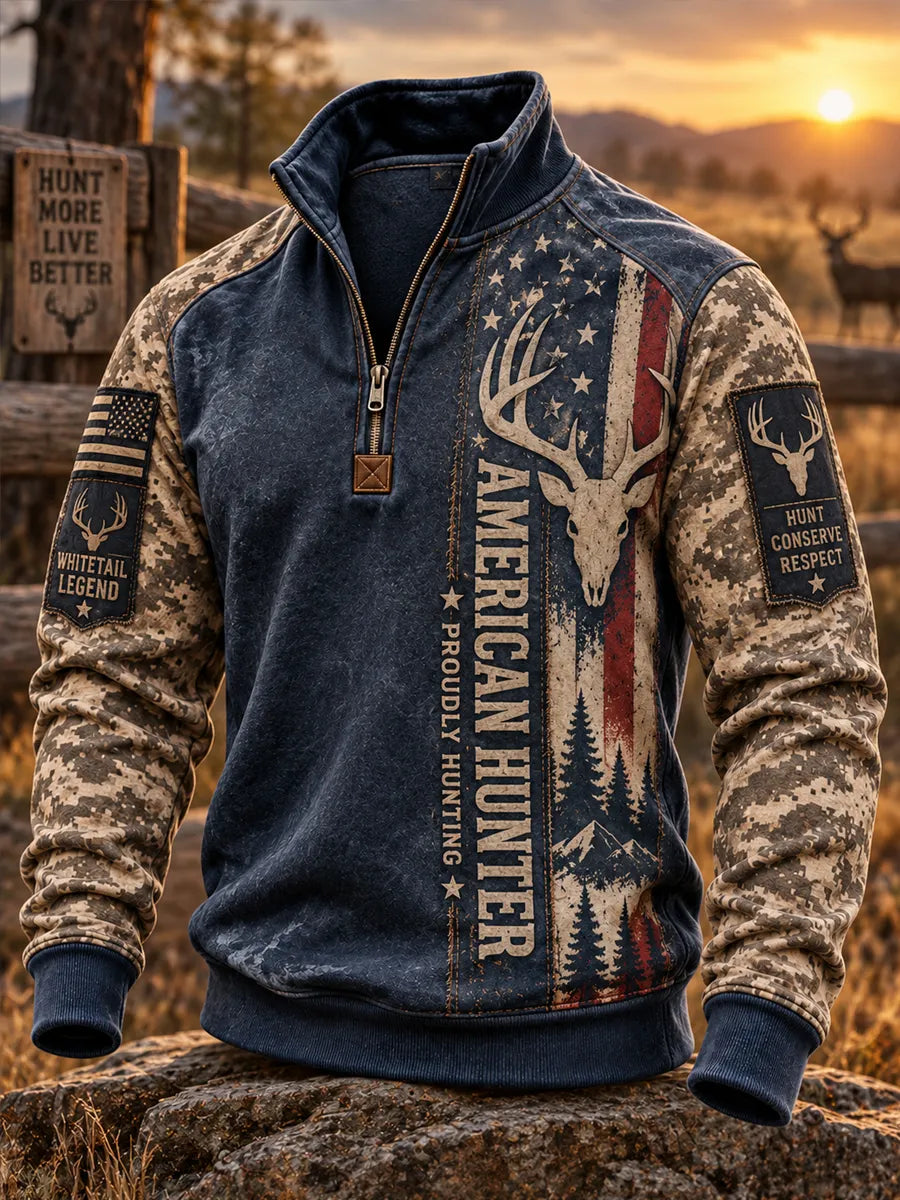 Men's Retro Deer Hunting Print Casual Zip-Up Sweatshirt