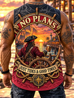 Men’s “No Plans” Pirate Captain & Sunset Nautical Print Sleeveless Tank Top
